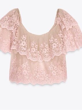 Zara Blush Pink Lace Off-Shoulder Crop Top- Embroidered ruffle